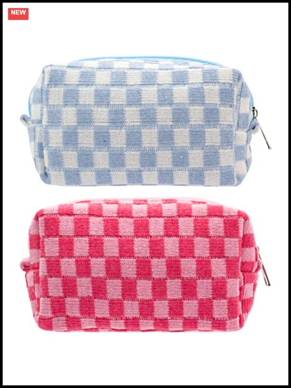 Set of 2 Knit Makeup Bags, Checkered Cosmetic Pouch Travel Organizer